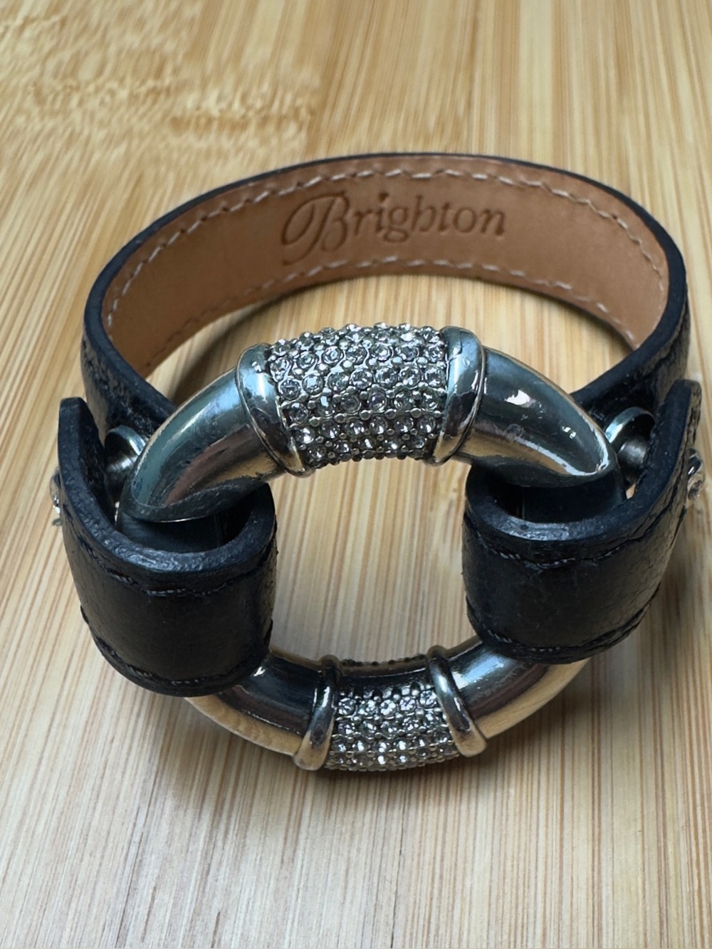 Brighton Segovia Arcos Black Leather Rhinestone Crystal Ring Bracelet